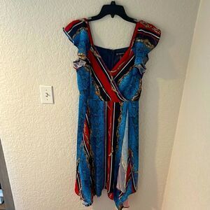 𝅺inc size 6 Blue Red Snake Belt Stripe Cold Shoulder Handkerchief Dress NWOT
